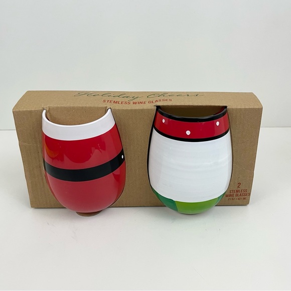 Holiday Cheer Stemless Wine Glasses Santa Snowman Christmas Set of 2 NEW - Picture 2 of 11